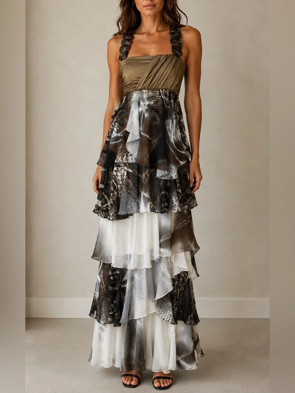 Veloudakis Tiered Ruffle Maxi Dress EU 38 / US 6  Beaded Straps